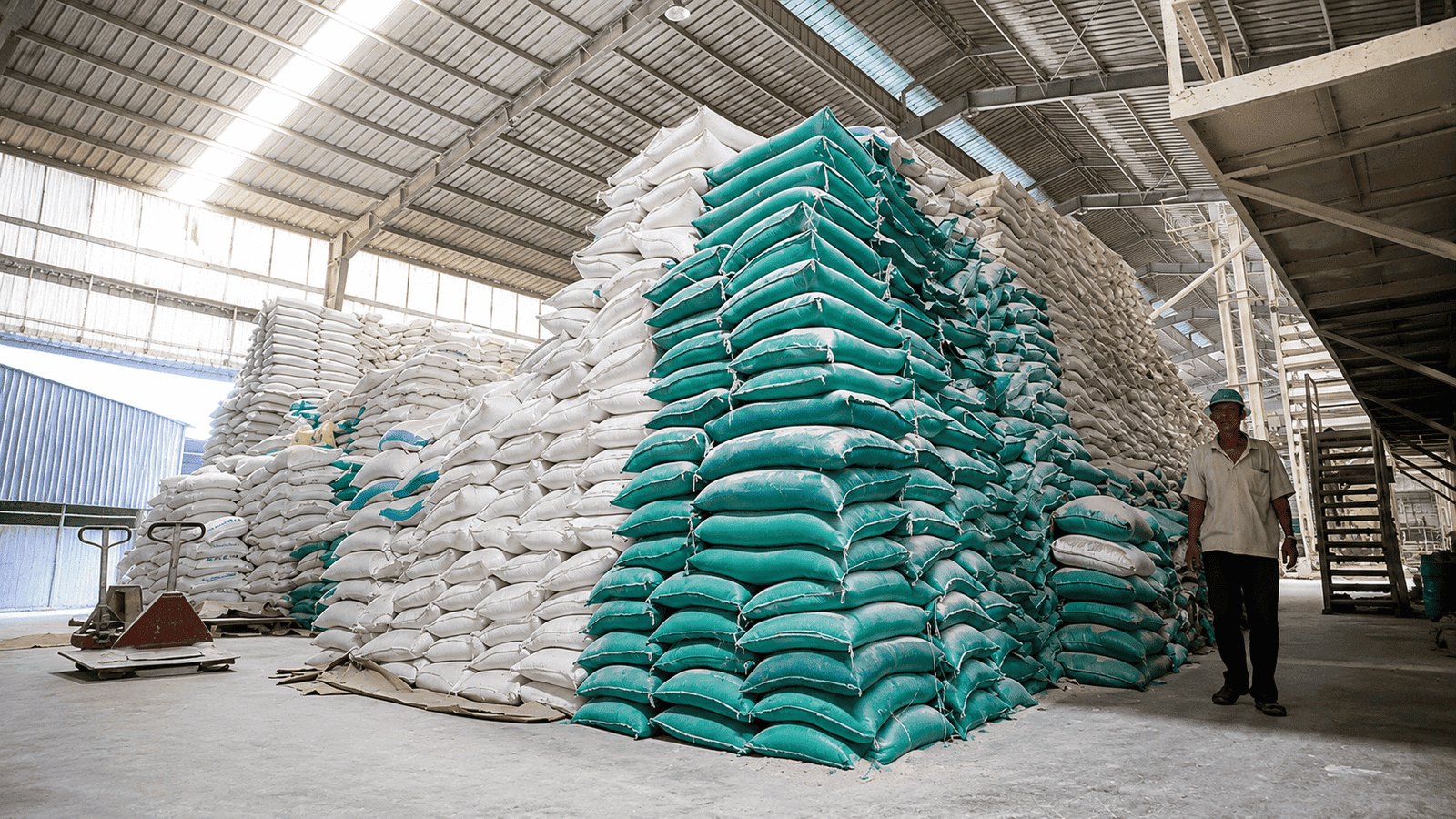 Rows of 50 kg organic bulk rice bags stacked on wooden pallets in a warehouse